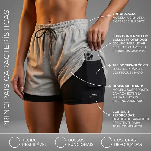 Short Duplo 2 Em 1 Fitness Bermuda Cintura Alta Feminino