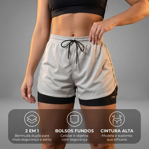 Short Duplo 2 Em 1 Fitness Bermuda Cintura Alta Feminino