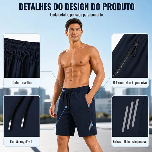 Short Masculino Bermuda Secagem Dry Zip Bolsos Academia