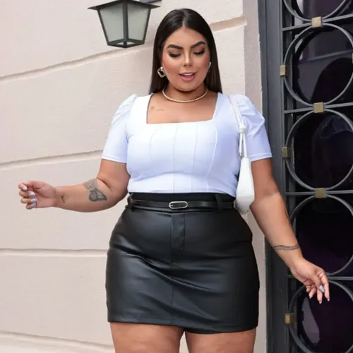 Short Saia Plus Size Couro Com Cinto Casual Saia 360 Social