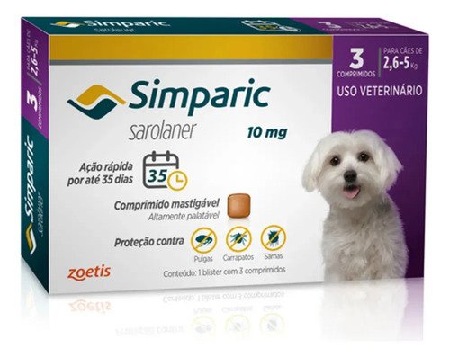 Simparic 10mg c 3 comprimidos para caes 26kg a 5kg protecao