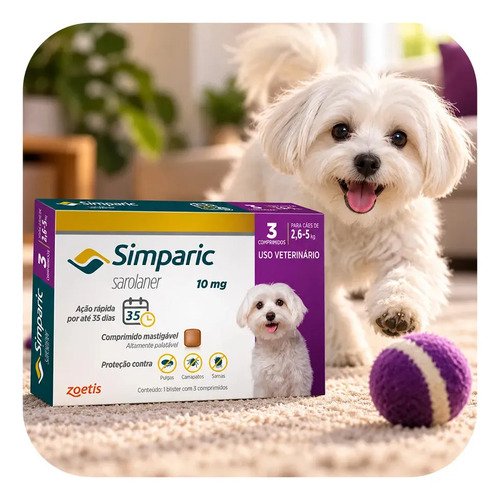 Simparic 10mg C/ 3 Comprimidos Para Cães 2,6kg A 5kg Proteção Completa Antipulgas E Carrapatos