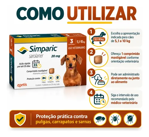 Simparic 20mg Antipulgas Cães 5 A 10kg 3 Comprimidos Zoetis