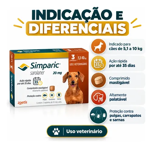 Simparic 20mg Antipulgas Cães 5 A 10kg 3 Comprimidos Zoetis