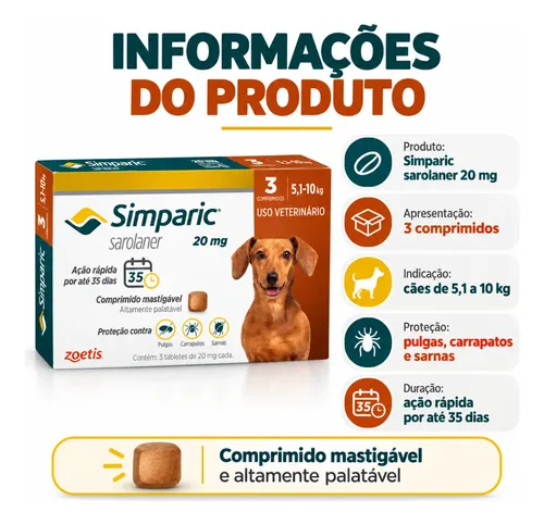 Simparic 20mg Antipulgas Cães 5 A 10kg 3 Comprimidos Zoetis