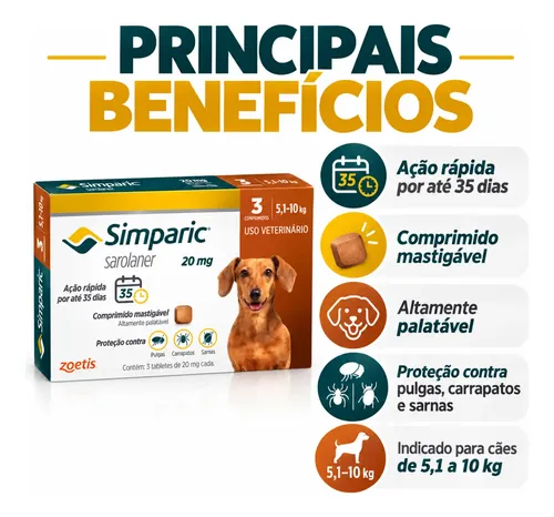 Simparic 20mg Antipulgas Cães 5 A 10kg 3 Comprimidos Zoetis