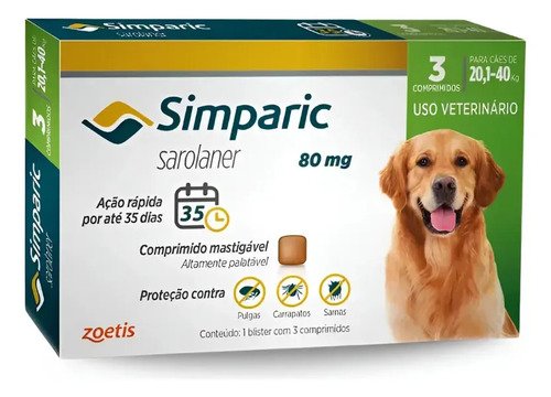 Simparic 80mg 3 comprimidos antipulgas caes 20 40kg zoetis