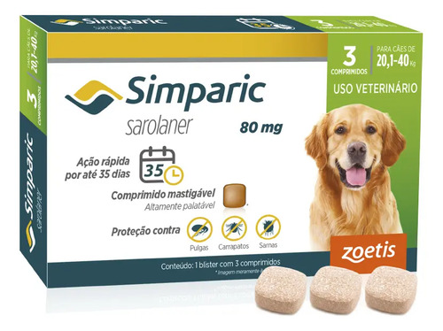 Simparic 80mg antipulgas carrapatos caes 201 40kg 3 comprimi