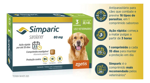 Simparic 80mg Antipulgas Carrapatos Cães 20,1-40kg 3 Comprimidos