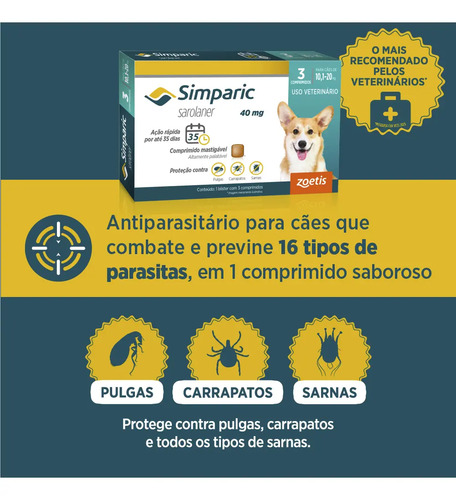 Simparic 80mg Antipulgas Carrapatos Cães 20,1-40kg 3 Comprimidos