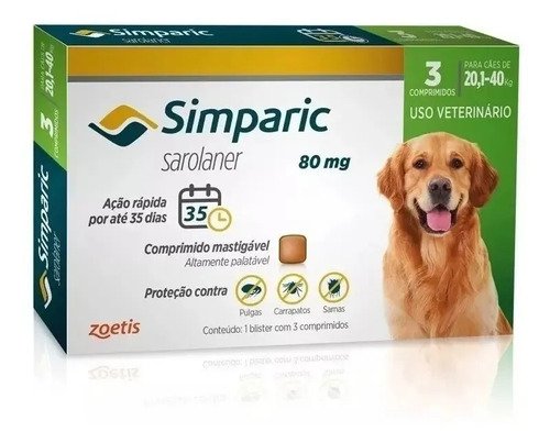 Simparic 80mg caes 20 a 40kg pulgas carrapatos sarnas 3 comp