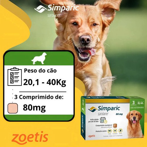 Simparic 80mg Cães 20 A 40kg Pulgas Carrapatos Sarnas 3 Comprimidos