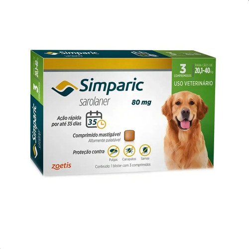 Simparic 80mg Cães 20 A 40kg Pulgas Carrapatos Sarnas 3 Comprimidos
