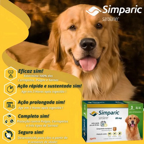 Simparic 80mg Cães 20 A 40kg Pulgas Carrapatos Sarnas 3 Comprimidos
