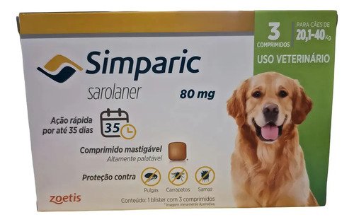 Simparic 80mg Cães 20 A 40kg Pulgas Carrapatos Sarnas 3 Comprimidos