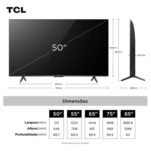 Smart TV TCL 50 Polegadas QLED 4K P7K WiFi Bluetooth Google TV HDR10+ Dolby Atmos Dolby Vision 50P7K