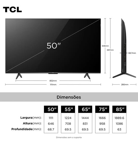 Smart TV TCL 50 Polegadas QLED 4K P7K WiFi Bluetooth Google TV HDR10+ Dolby Atmos Dolby Vision 50P7K