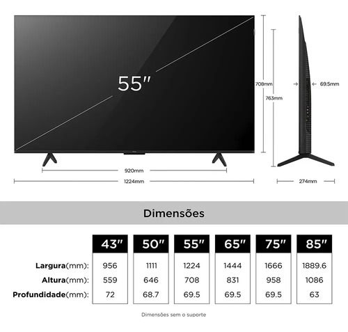 Smart TV TCL 55 Polegadas QLED 4K P7L WiFi Bluetooth Google TV HDR10+ 120 Hz VRR AIPQ 55P7L