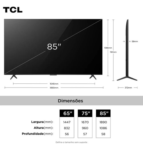 Smart TV TCL 85 Polegadas QLED 4K P8L WiFi Bluetooth Google TV HDR10+ 144 Hz VRR 85P8L