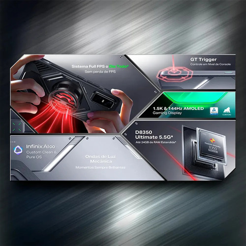 Smartphone Gamer Infinix GT30 PRO 5G - 12GB RAM 256GB Câmera Dupla 108MP+ Selfie 13MP NFC 6,78" Amoled 144Hz Dual Chip - Memória RAM Expansível Até 24GB - Chumbo