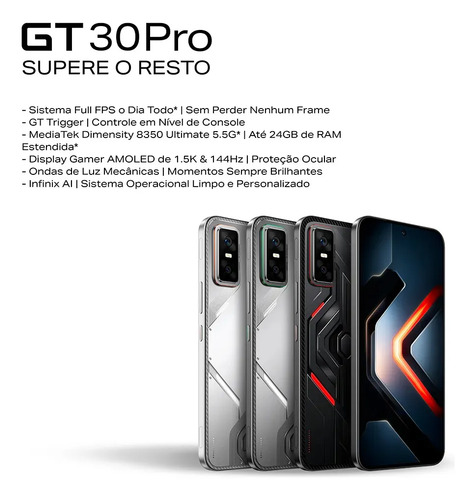 Smartphone Gamer Infinix GT30 PRO 5G - 12GB RAM 256GB Câmera Dupla 108MP+ Selfie 13MP NFC 6,78" Amoled 144Hz Dual Chip - Memória RAM Expansível Até 24GB - Chumbo