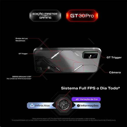 Smartphone Gamer Infinix GT30 PRO 5G - 12GB RAM 256GB Câmera Dupla 108MP+ Selfie 13MP NFC 6,78" Amoled 144Hz Dual Chip - Memória RAM Expansível Até 24GB - Chumbo