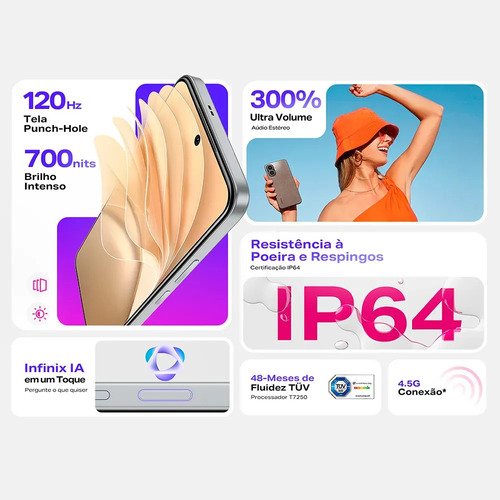 Smartphone Infinix Smart 10 4GB RAM 256GB SSD Câmera 8MP + IA, Tela 6.67 HD+ 120Hz, Bateria 5000mAh, Processador T7250, Android 15 Go, Dual Chip - Preto