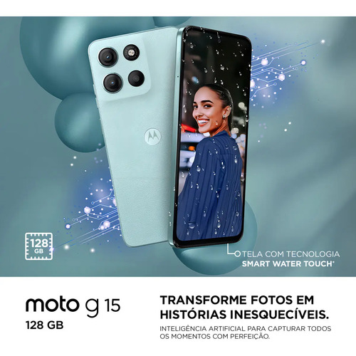 Smartphone Motorola Moto G15 - 128gb 12gb (4gb Ram+8gb Ram Boost) E Camera 50mp Com Ai E Night Vision Bateria De 5200 Mah Tela Fhd+ 6.7 Com Superbrilho Nfc Azul Claro