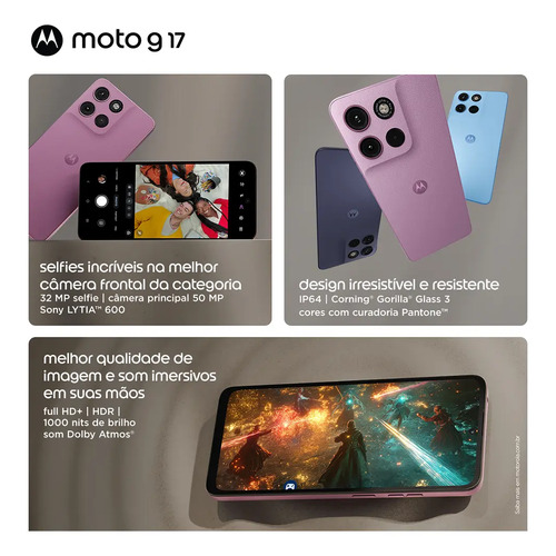 Smartphone Motorola Moto G17 4g - 256gb 12gb (4gb Ram + 8gb Ram Boost) Camera 50mp Sony Lytia 600, Tela Fhd+ 60hz, Bateria 5200 Mah - Roxo