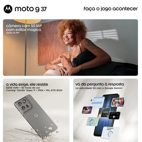 Smartphone Motorola Moto G37 5G - 128GB 4GB RAM + 8GB RAM Boost, Camera 50MP com editor magico, Bateria de 5200 mAh e tela 6.7" 120Hz, NFC - Grafite