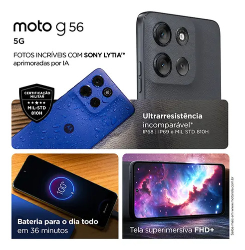 Smartphone Motorola Moto G56 5g - 256gb 16gb (8gb Ram+8gb Ram Boost) Camera 50mp Sony Lytia 600 Ultrarresistencia Militar e Ip68 + Ip69 - Cinza
