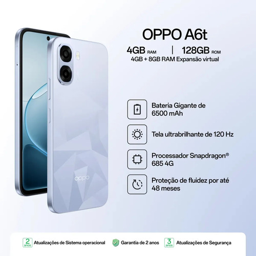 Smartphone OPPO A6t 128gb, 12gb Ram (4gb + 8gb Virtual Ram), Bateria Gigante de 6500mAh, Processador Snapdragon, Tela 120Hz, AI Câmera, IP64 - Azul Cristal