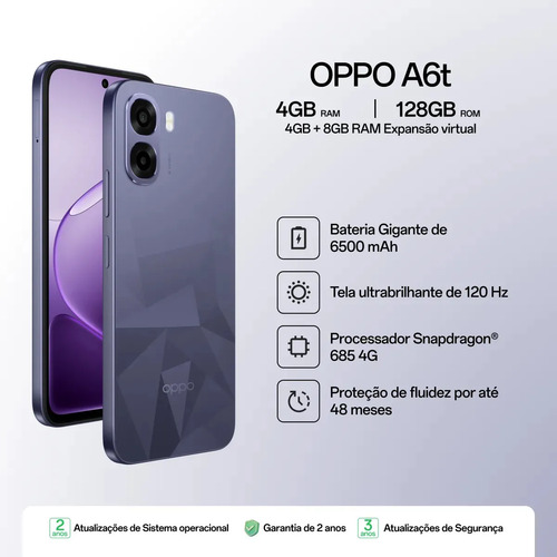 Smartphone OPPO A6t 128gb, 12gb Ram (4gb + 8gb Virtual Ram), Bateria Gigante de 6500mAh, Processador Snapdragon, Tela 120Hz, AI Câmera, IP64 - Violeta