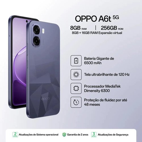 Smartphone Oppo A6t 5g 256gb, 24gb Ram (8gb + 16gb Virtual Ram), Bateria gigante de 6500 mAh, AI Câmera 50MP, Tela 120Hz, NFC, IP64 - Violeta