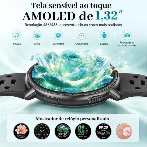 Smartwatch GPS Relógio Inteligente AMOLED NOVANTE Digital IP68 5ATM Impermeável Masculino Feminino Com Chamadas Bluetooth Notificações Instantâneas Monitoramento De Saúde Pulseira Para Smartband Preto
