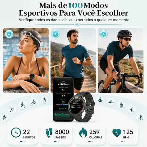 Smartwatch GPS Relógio Inteligente AMOLED NOVANTE Digital IP68 5ATM Impermeável Masculino Feminino Com Chamadas Bluetooth Notificações Instantâneas Monitoramento De Saúde Pulseira Para Smartband Preto
