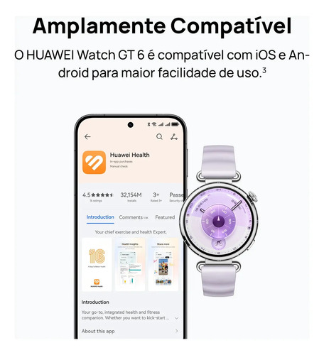 Smartwatch HUAWEI WATCH GT 6 41mm GPS Integrado Potenciômetro de Ciclismo no Pulso Bateria com Autonomia de Até 14 Dias Bem-Estar Emocional Multidimensional Compatível com iOS e Android GPS Branco