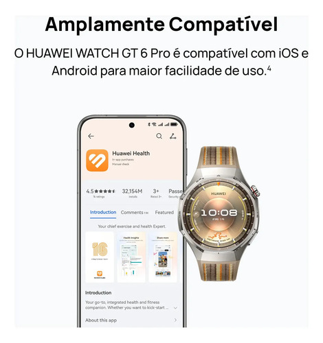 Smartwatch HUAWEI WATCH GT 6 Pro 46mm Bateria com Autonomia de Até 21 Dias Mais de 100 Modos Esportivos Corrida de Trilha Golfe Ciclismo Análise de ECG Compatível com iOS e Android GPS Preto