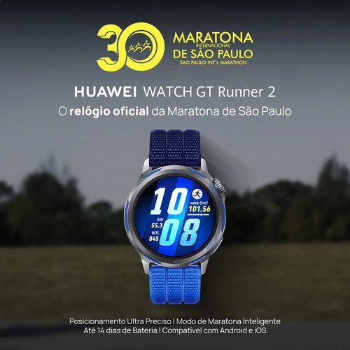 Smartwatch HUAWEI WATCH GT Runner 2 Bateria com Autonomia de Até 14 Dias Posicionamento de Precisão Modo Maratona Inteligente GPS ECG Compatível iOS e Android Preto Inclusa uma pulseira extra