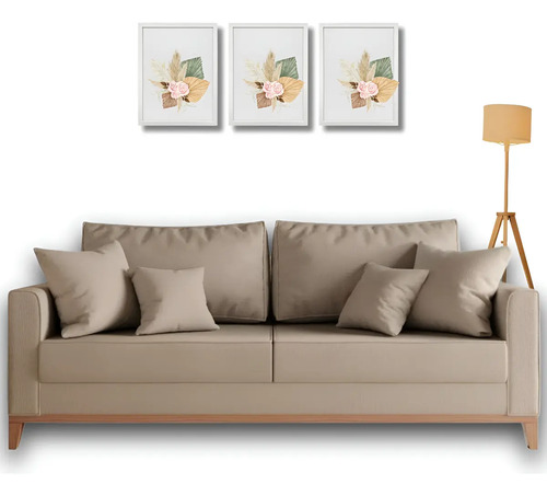 Sofa beny 180 linho cru pes em madeira cor bege