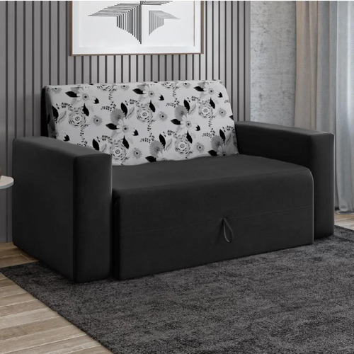 Sofá Cama 2 Lugares Pratik 5000 Mamflex Preto / Cinza Floral Suede
