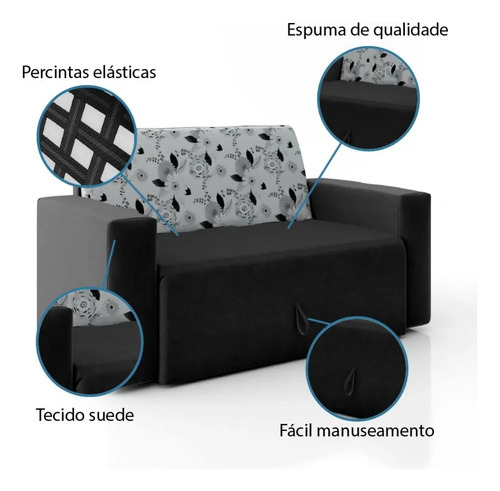 Sofá Cama 2 Lugares Pratik 5000 Mamflex Preto / Cinza Floral Suede