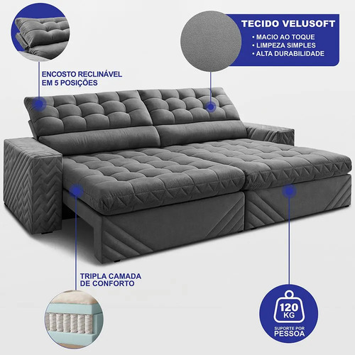 Sofá Retrátil E Reclinável 2,50m Molas Ensacadas Max Spring.
