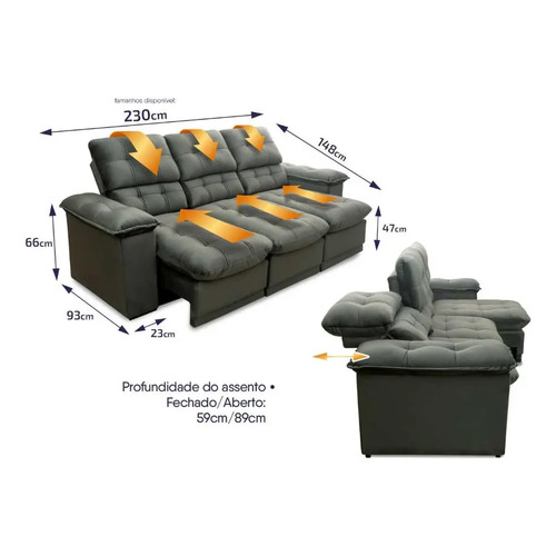 Sofá Retrátil Reclinável Atenas 2,30m Suede Velut Cinza