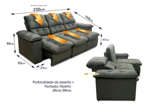 Sofá Retrátil Reclinável Atenas 2,30m Suede Velut Cinza