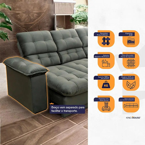 Sofá Retrátil Reclinável Atenas 2,30m Suede Velut Cinza