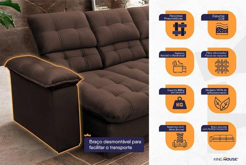 Sofá Retrátil Reclinável Atenas 2,30m Suede Velut Marrom