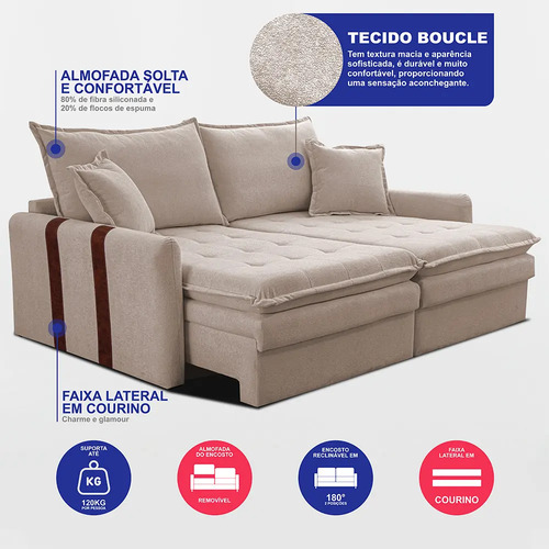 Sofá Sem Caixa Retrátil 2,00m Soft Bonnie Boucle Cama Inbox Cor Bege Desenho Do Tecido Liso