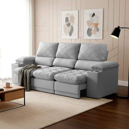Sofa veneza 240m retratil reclinavel cinza usb porta copos