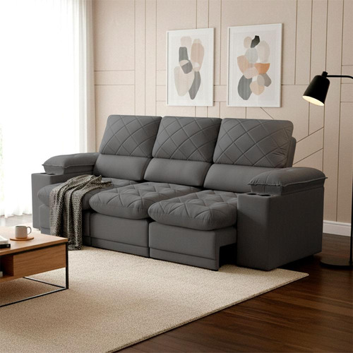 Sofa veneza 240m retratil reclinavel grafite usb porta copo